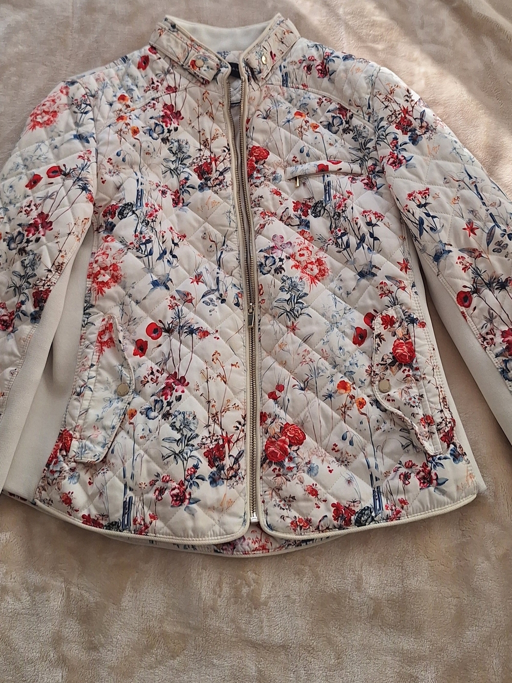Zara Cream Quilted Floral Jacket with Red & Blue Blooms